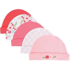 Luvable Friends Baby Girl Cotton Caps 5pk, Floral, 0-6 Months - 1 of 1