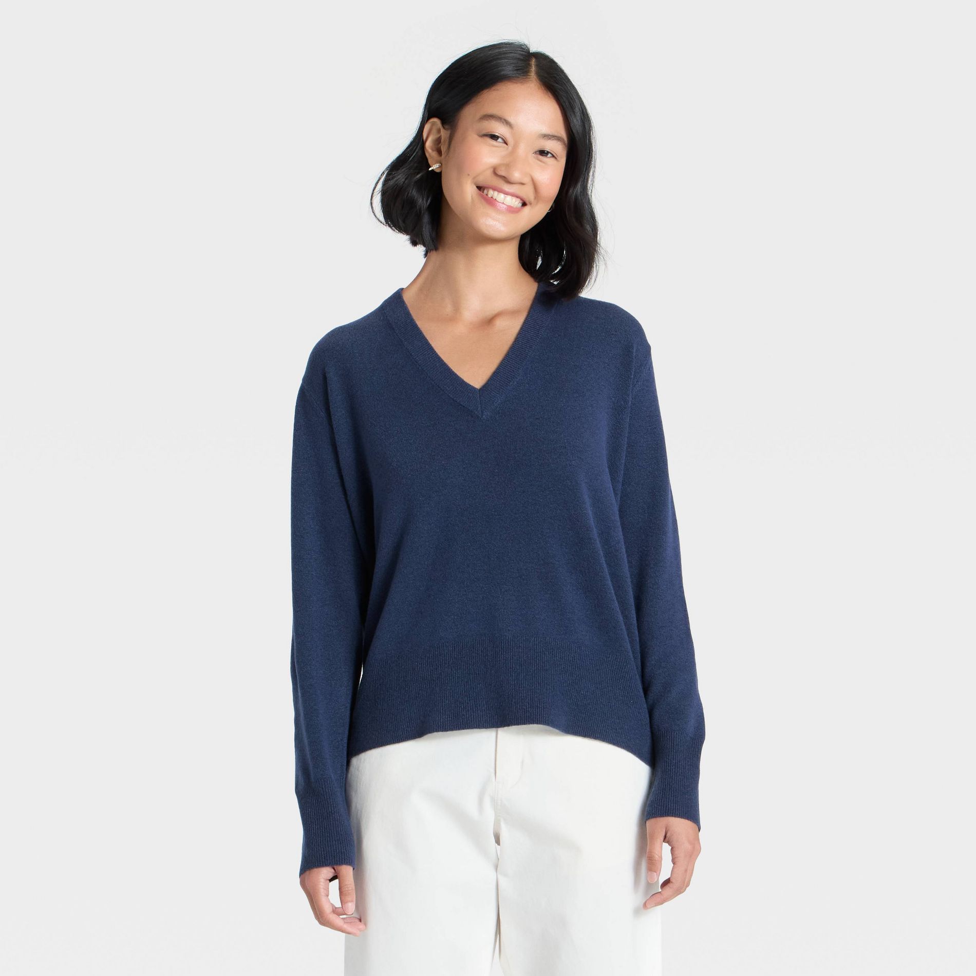 Women's Cozy Knit Relaxed V-Neck Pullover - A New Day™ Navy S