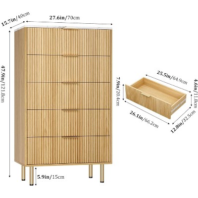 Acekool 5 Drawer Dresser, Tall Modern Chest with Fluted Panels, Wide Gold Handles, Bedroom Storage Organizer for Closet, Living Room, Entryway