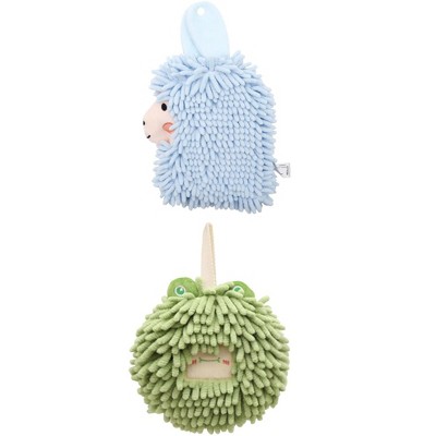 REGALWOVEN Absorbent Soft Chenille Cartoon Alpaca Fuzzy Ball Bathroom Hanging Hand Towels 7" x 7"/7" x 11" 2 Pcs