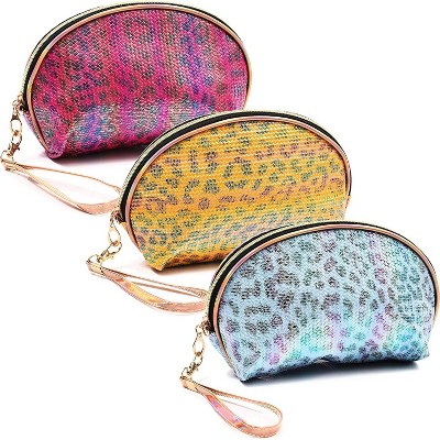 3-Pack Leopard Print Half Moon Travel Cosmetic Makeup Bag, Jewelry Organizer Pouch For Women