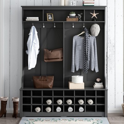 60''W Hall Tree Coat Rack Mudroom Bench Entryway Shoe Cabinet with Hooks, Seating Bench and 24 Shoe Cubbies, Black/White-ModernLuxe