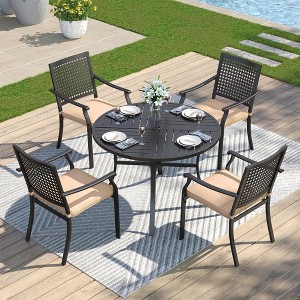 Captiva Designs 5pc Patio Dining Steel Set with Slat-top Round Table & Metal Chairs with Stylish Back - 1 of 4