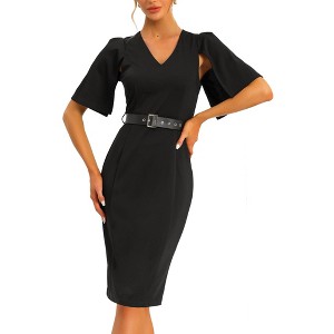 Allegra K Women's Split Sleeve V Neck Elegant Midi Dresses with Belt - 1 of 4