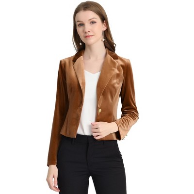 INSPIRE CHIC Women's 1 Button Lapel Collar Business Office Crop Suit Velvet Blazer