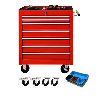 red Father's Day Gifts 7 Drawer Metal Tool Chest 30 Inch Tool Cart On Wheels With Lock & Toolboxes Trays For Garage Tool Storage Cabinet Red Blue Opt