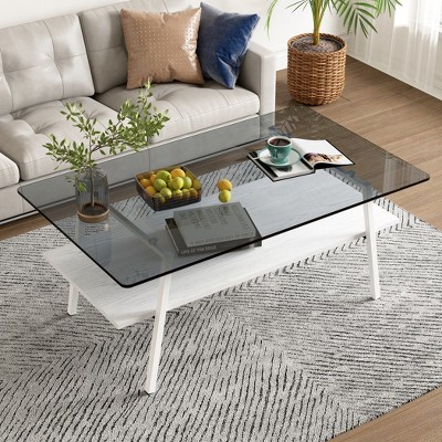 Rectangle Coffee Table, Tempered Glass Tabletop, with Metal Legs, Modern Table for Living Room