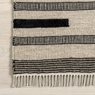 Black and Beige Tufted Wool Striped 4' x 6' Area Rug