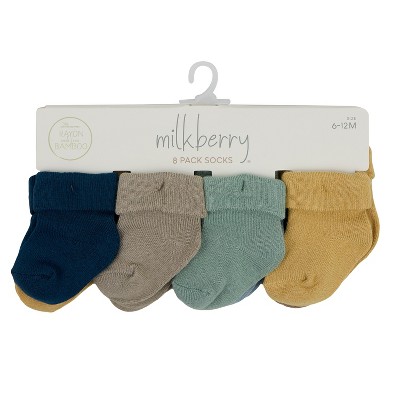 Image of Milkberry 8 Pack Rayon of Bamboo Baby Socks Non-Slip Gripper Baby Girl Solid Earth Tone Cuffed Size 6-12 Months