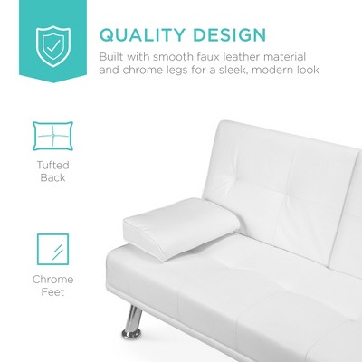 White Faux Leather Convertible Sleeper Sofa with Cup Holders