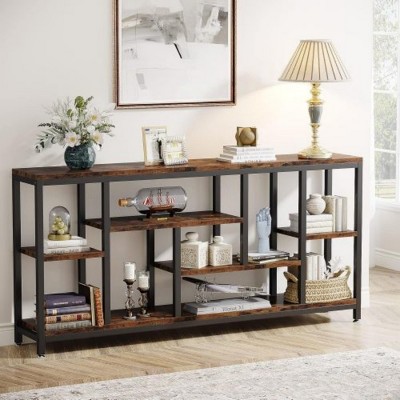 Syemin Console Tables Long Industrial Console Table, 3-Tier Sofa Table Behind Couch, Narrow Entryway Hallway Accent Table, Brown, 70.87"*11.8"*35.4"