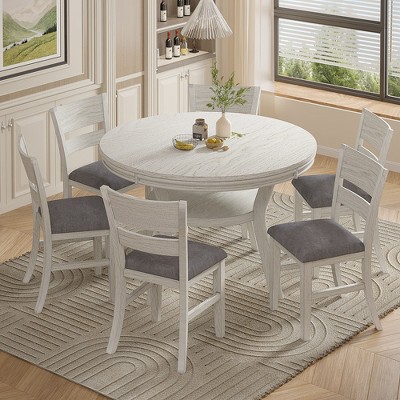 VECELO 5/7 Piece Round Dining Set with 4/6 Upholstered Chairs, Rustic Dining Table Set for Kitchen or Dining Room, Gray