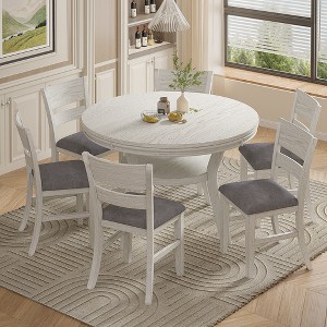 VECELO 5/7 Piece Round Dining Set with 4/6 Upholstered Chairs, Rustic Dining Table Set for Kitchen or Dining Room, Gray - 1 of 4