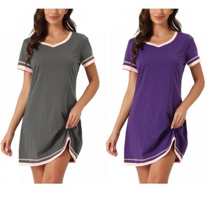 INSPIRE CHIC Women's 2 Pcs Short-Sleeve Nightshirt Color-Block V-Neck Sleepdress Set - 1 of 4