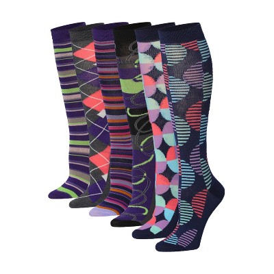 Tipi Toe Womens 6 Pairs Colorful Accents Striped Argyle Patterned Knee High Socks