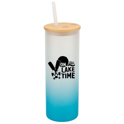 Elanze Designs On Lake Time Summer Vibes Wrap-Around Design 25 Ounce Frosted Gradient Glass On-The-Go Coffee Travel Skinny Tumbler Mug Cup, Bamboo Lid