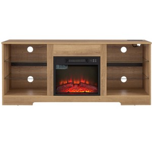 Gulches Oak TV Stand Entertainment Center Fits TVs up to 62 in with 3D Electric Fireplace Glass Shelves Adjustable Shelves Storage Cabinets - 1 of 4