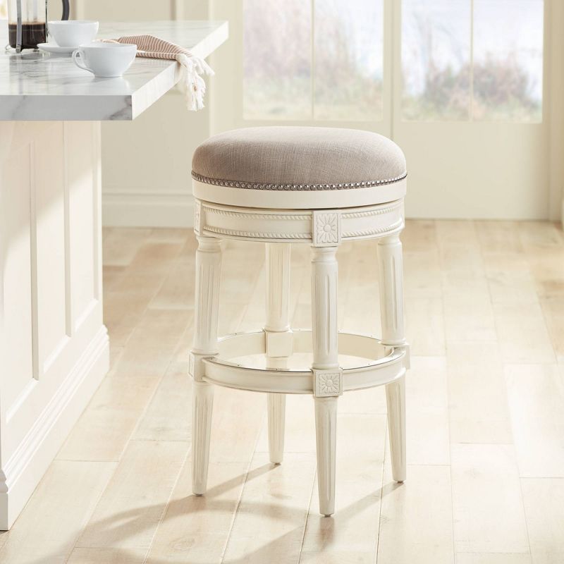 55 Downing Street Oliver Wood Swivel Bar Stool Distressed White 30 1/2" High Traditional Cream Round Cushion with Footrest for Kitchen Counter Height, 2 of 9