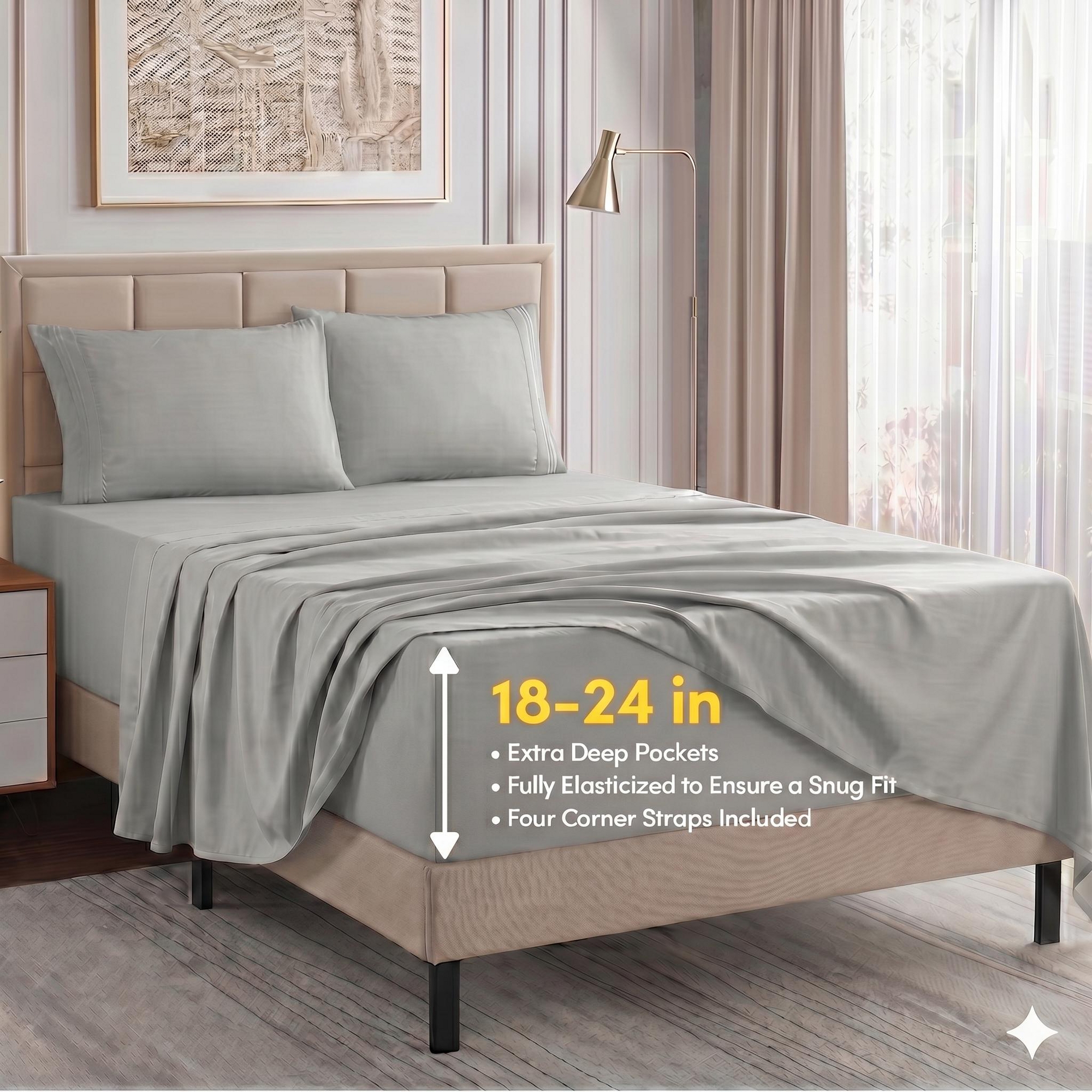 18"-24" Extra Deep Pocket, 4-Piece Bed Sheets Set - Full, Silver