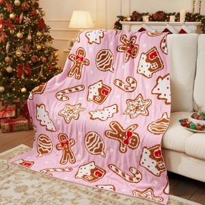 Lomsoe Pink Christmas Blanket Gingerbread Candy Cane Decor Soft Cozy Flannel Throw Blankets Gifts for Family Home Sofa Couch Bed - 1 of 4