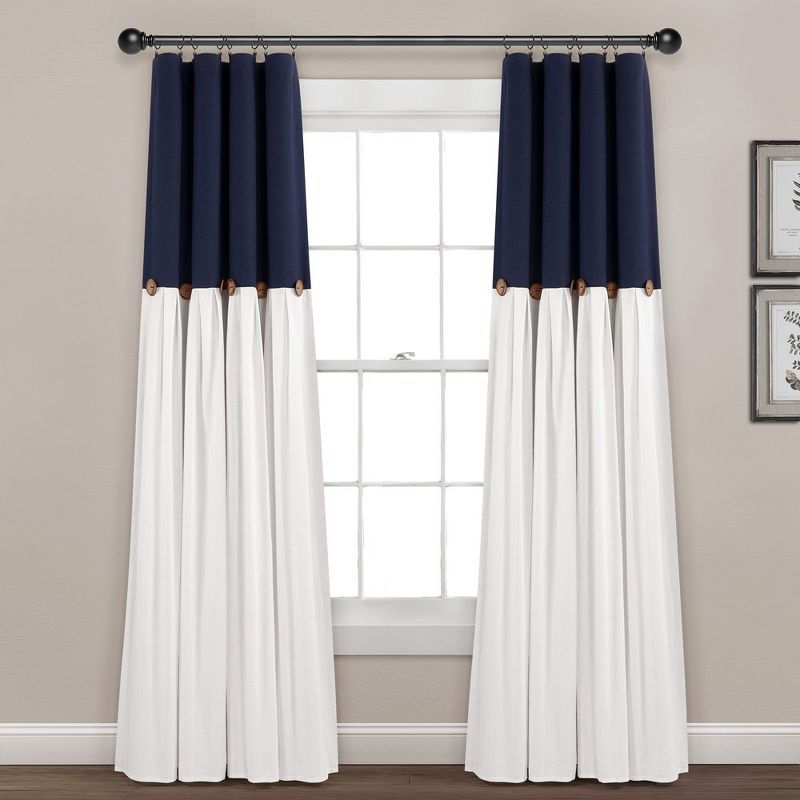 Linen Button 100% Lined Blackout Window Curtain Panel Navy/White Single 40X84, 1 of 7