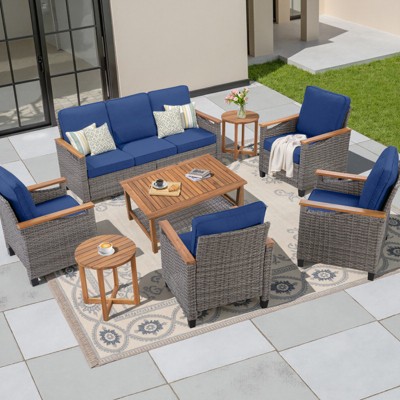 Buenhomino 8-Piece Outdoor Patio Set – 4 Single Chairs, Sofa, 2 Side Tables & Coffee Table, All-Weather Wicker with Cushions, Blue