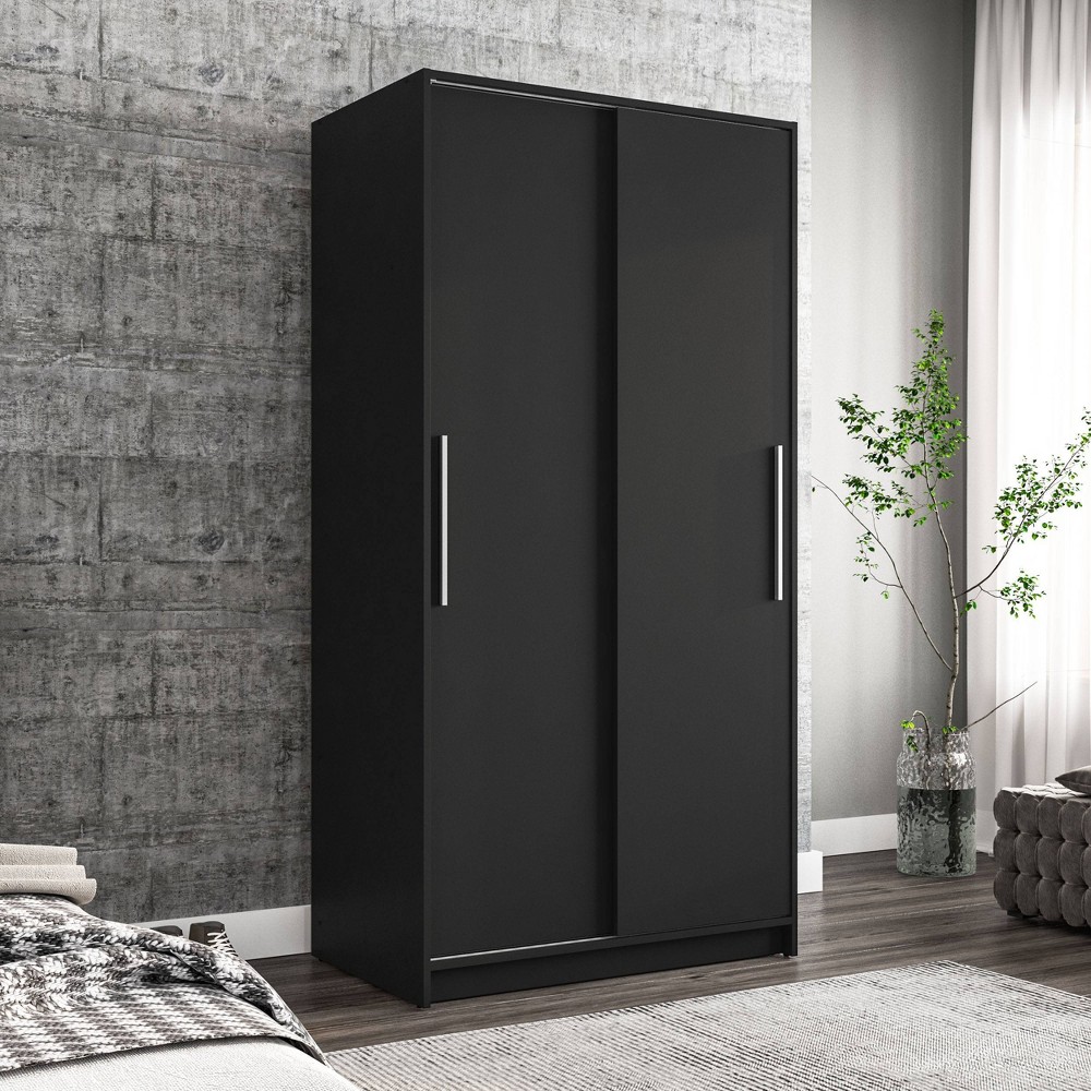 Denmark 2 Sliding Doors Clothing Armoire Black -Polifurniture: Modern Wardrobe Closet with Fixed Shelves