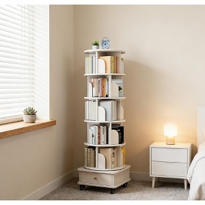 Airsurfer 5-Tier Bookshelf Tower Rotating Corner Display Bookshelf with Wheels and Drawer Storage Bookshelf for Home Office or Living Room - 1 of 4