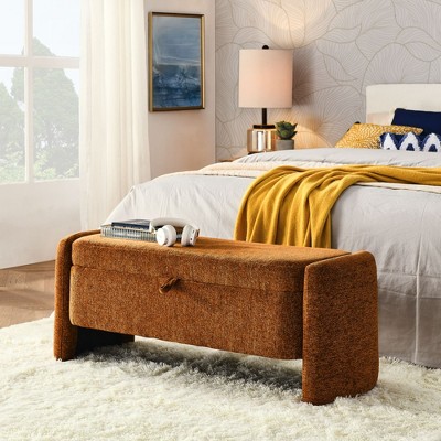 CAVINAS Storage Bench Oval Ottoman Chenille Fabric Accent with Large Storage Space