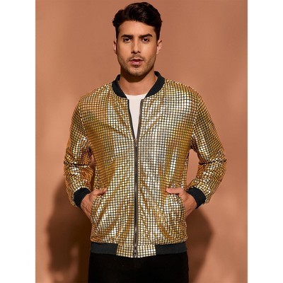 Мужские куртки INSPIRE CHIC Men's Long Sleeve Full Zip Up Party Shiny Holographic Bomber Jackets Golden Small — фото 2
