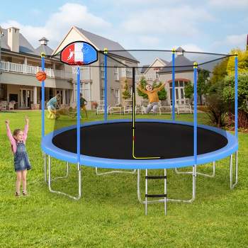 15 FT Easy-to-Assemble Kids Trampoline with Safety Fence Netting, Basketball Hoop and Ladder, Blue - ModernLuxe