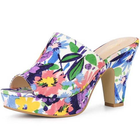 Perphy Women's Floral Pattern Open Toe Platform Chunky Heel Slides ...