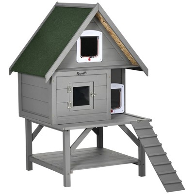 PawHut Outdoor Cat House, 2 Tier Wooden Feral Cat Shelter With Escape Door Weatherproof Roof