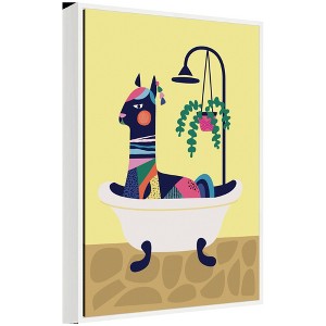 Kate & Laurel All Things Decor 23"x33" Sylvie Modern Yellow Llama in Bathtub Framed Canvas by Rachel Lee White - 1 of 4