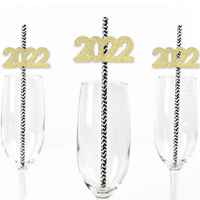 Big Dot of Happiness Gold Glitter 2022 Party Straws - No-Mess Real Gold Glitter Cut-Outs Decorative 2022 New Year's Eve Party Paper Straws - Set of 24