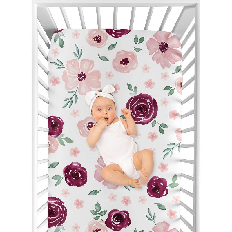 Sweet Jojo Designs Girl Baby Fitted Crib Sheet Watercolor Floral Burgundy Pink and White, 5 of 8