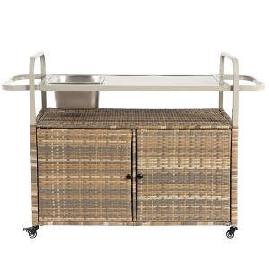 NAYSAYE Bar Serving Cart Outdoor Wicker Table with Cabinet and Steel Top for Patio , Beige, 51.57"*19.69"*35.83" - 1 of 4