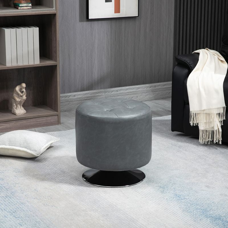 HOMCOM 360° Swivel Foot Stool Round PU Ottoman with Thick Sponge Padding and Solid Steel Base, gray, 2 of 7
