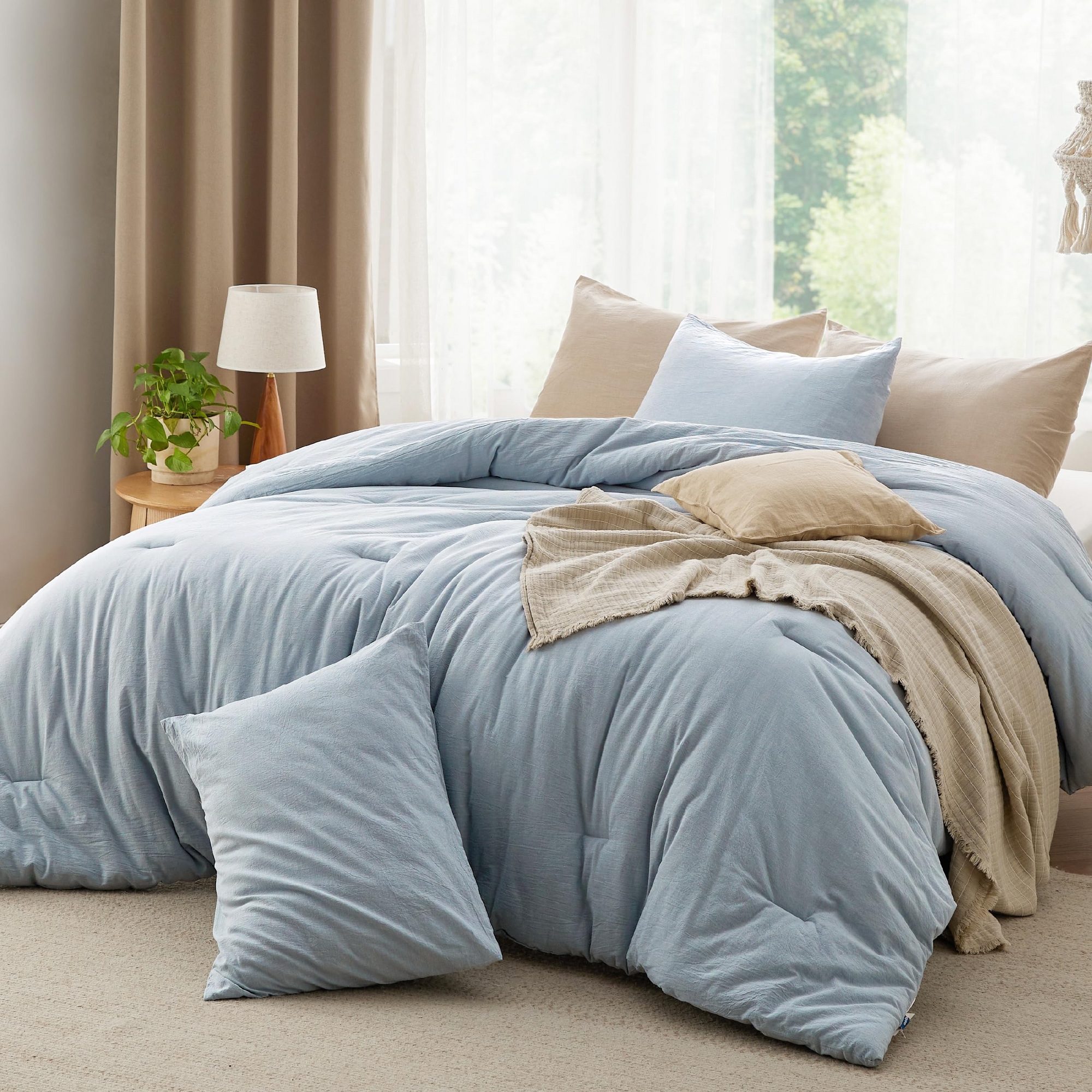 Cotton Fabric with Microfiber Inner Fill 3 Pcs Queen Size Comforter Set for All Seasons Mineral Blue - Bedsure
