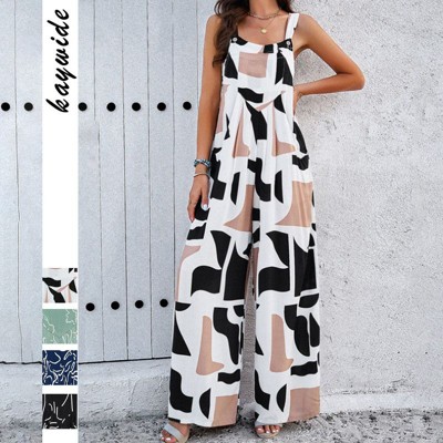 Coolmee Women Casual Floral Square Neck Sleeveless Straps Wide Leg Overalls Baggy Resort Jumpsuit With Pockets