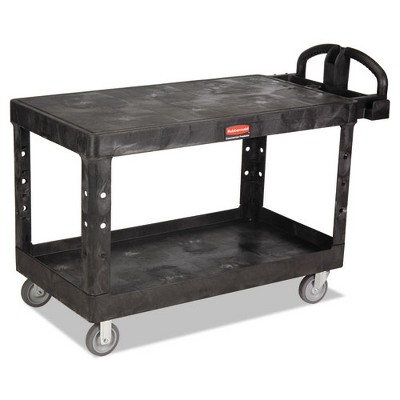Rubbermaid Commercial Heavy-Duty Utility Cart with Flat Shelves, Plastic, 2 Shelves, 500 lb Capacity, 25.25" x 54" x 36", Black
