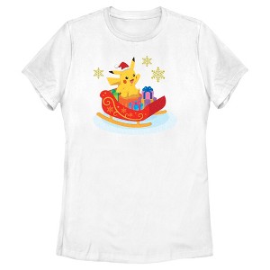 Women's Pokemon Christmas Pikachu Sleigh T-Shirt - 1 of 4