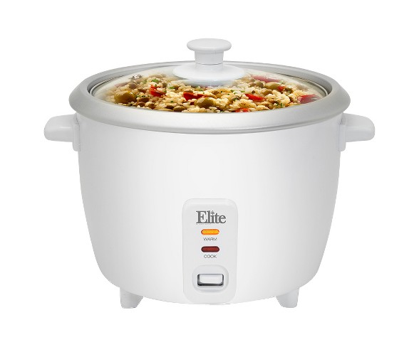 Elite Cuisine 6-Cup Rice Cooker with Glass Lid in White