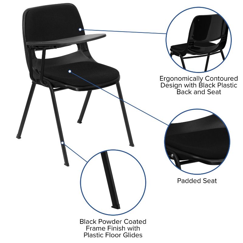 Emma and Oliver Black Padded Ergonomic Shell Chair with Left Handed Flip-Up Tablet Arm Desk, 5 of 12