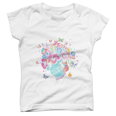 Girl's Design By Humans Floral Butterfly Skull Funny Halloween Costume Hippie Flower By JeilJersey T-Shirt