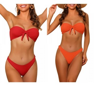 INSPIRE CHIC Women's Bandeau Ribbed Bowknot Strapless with Bottoms Swimwear Bikini 2 Set - 1 of 4