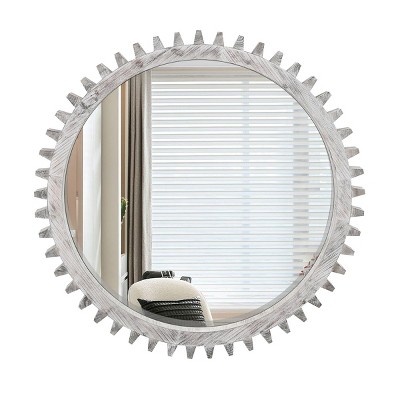 GlasFlength Decorative Wall Mirrors Vintage Gear Shaped Round Mirror Fashion Design for Bathroom Living Room Entryway, White, 33.86"*33.86"*2.95"