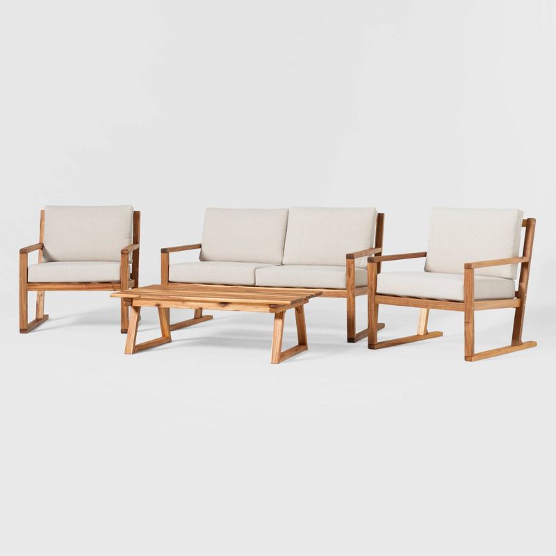 Saracina Home 4pc Modern Slat-Back Acacia Outdoor Conversation Set with Cushions Natural, 5 of 10