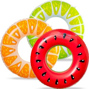 Jasonwell 3PCS Fruit Pool Floats - Watermelon, Orange & Lime Inflatable Swimming Rings for Kids & Adults, Multi-Color - 1 of 4