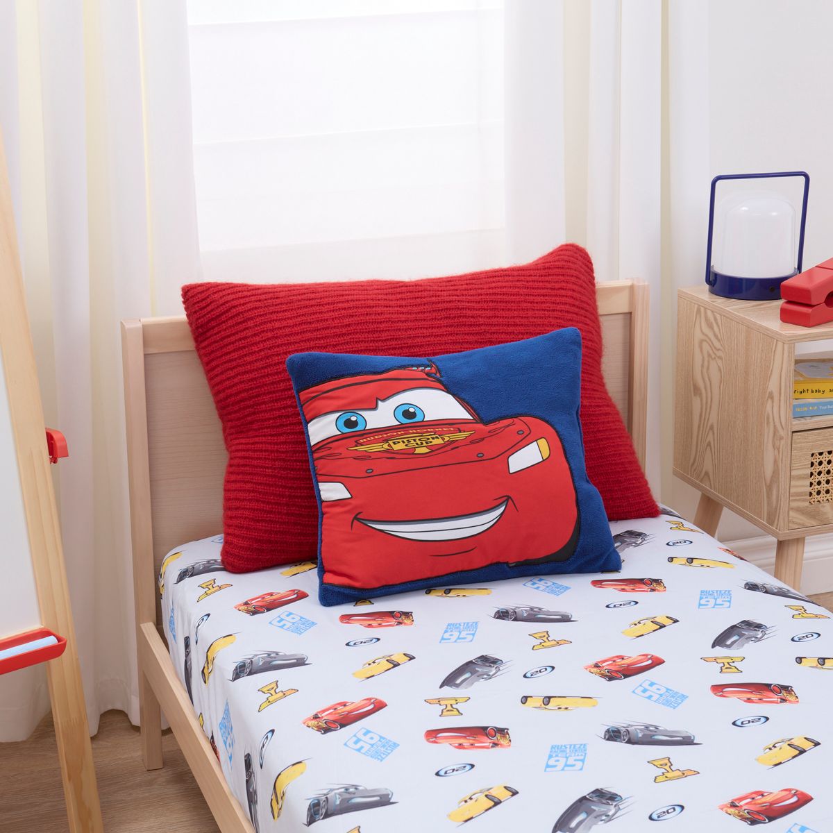 NoJo Disney Cars Lightning McQueen Appliqued Super Soft Plush Decorative Toddler Pillow, Blue, Red - thumbnail 4